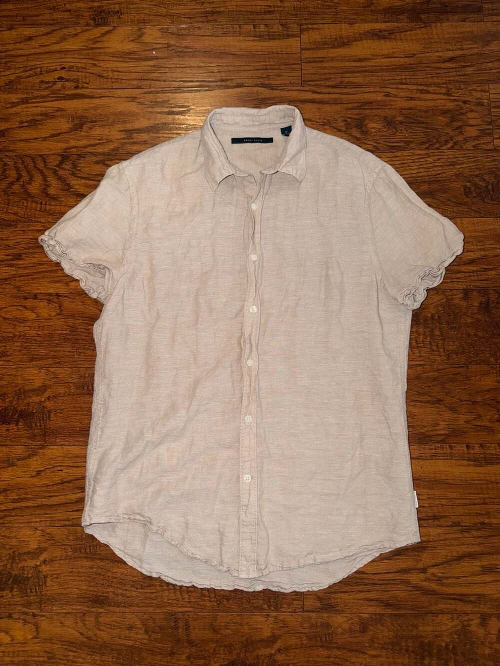 Perry Ellis Men's Medium Tan Beige 60% Linen 40% Cotton Short Sleeve Button-Down